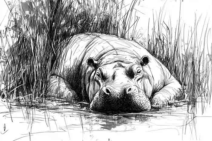 Hippopotamus grazing by the river drawing