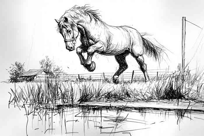 Realistic jumping horse pencil sketch