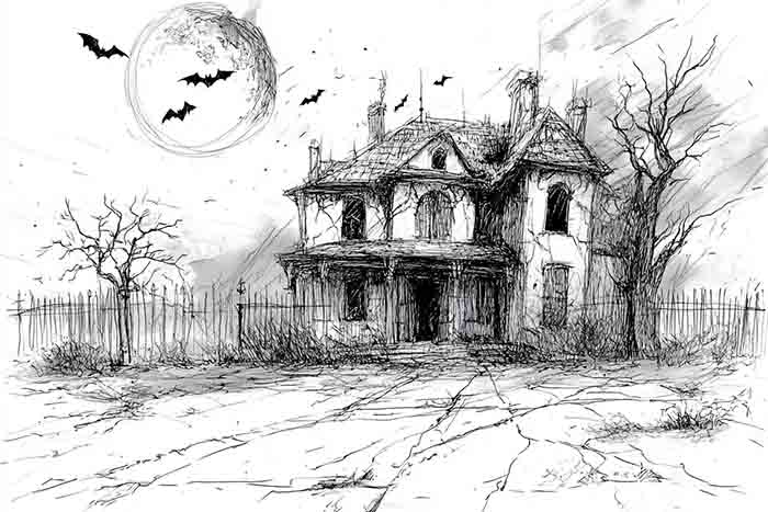 Realistic sketch of spooky hilltop house