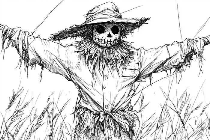 Terrifying scarecrow figure line art