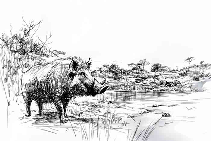 Warthog near waterhole sketch illustration