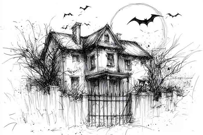 Haunted home perched on hill illustration