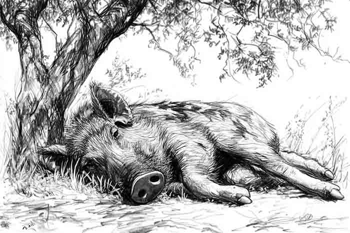 Realistic warthog in habitat drawing