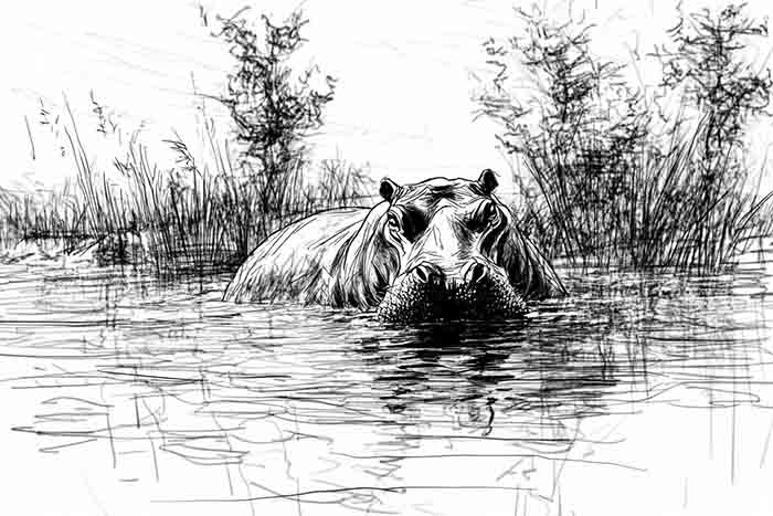 Realistic wildlife sketch of hippopotamus
