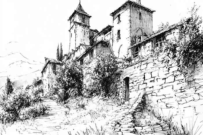 Rustic castle with towers on hill sketch