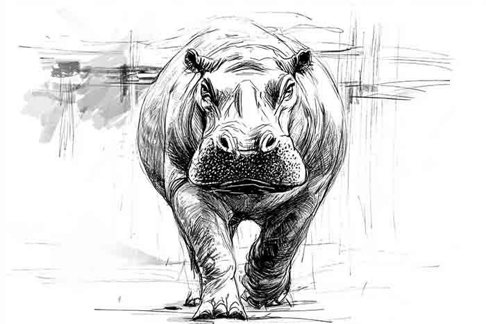African wildlife hippo scene sketch
