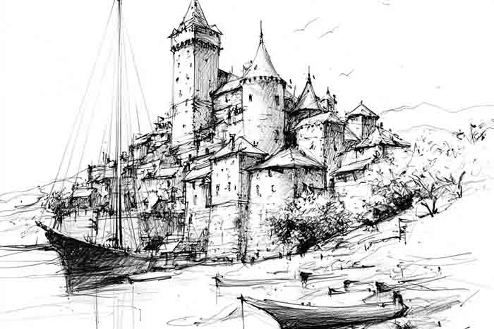 Pencil drawing of medieval hill fortress