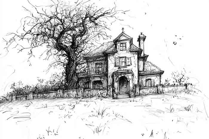 Haunted building on hill realistic sketch