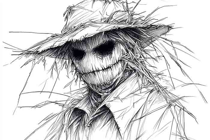 Spooky scarecrow character pencil sketch