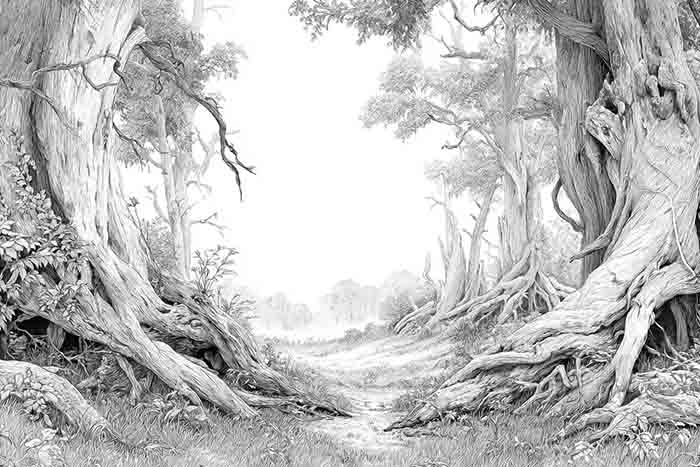 Bare haunted woods illustration with twisted limbs