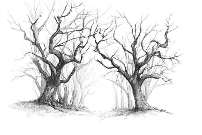 Haunted woodland sketch with curling tree limbs