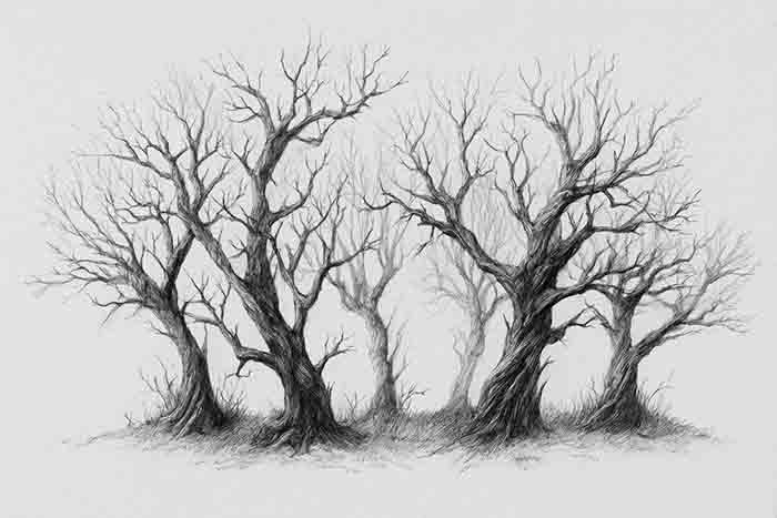 Illustration of haunted forest with creepy twisted trees