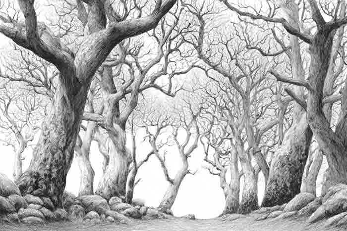 Spooky barren trees with curled branches drawing