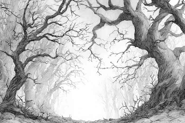 Twisted branch tree sketch in a dark forest