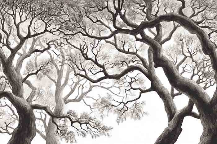 Creepy Bare Trees with Twisted Branches Realistic Drawing Sketch Illustration