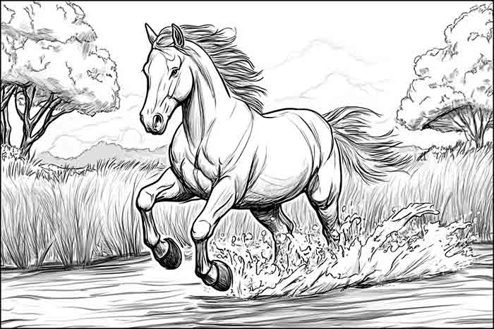 Galloping Horse Realistic Drawing, How to Draw a Horse Galloping in Shallow River Sketch Illustration