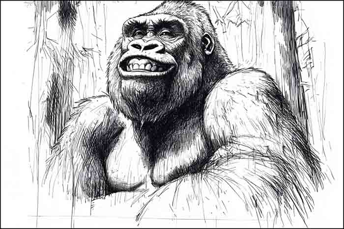 Happy Smiling Gorilla Drawing, How to Draw a Cheerful Grinning Laughing Gorilla Sketch Illustration