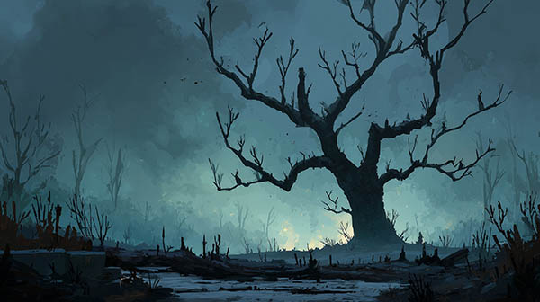 Creepy gnarled trees halloween background 03