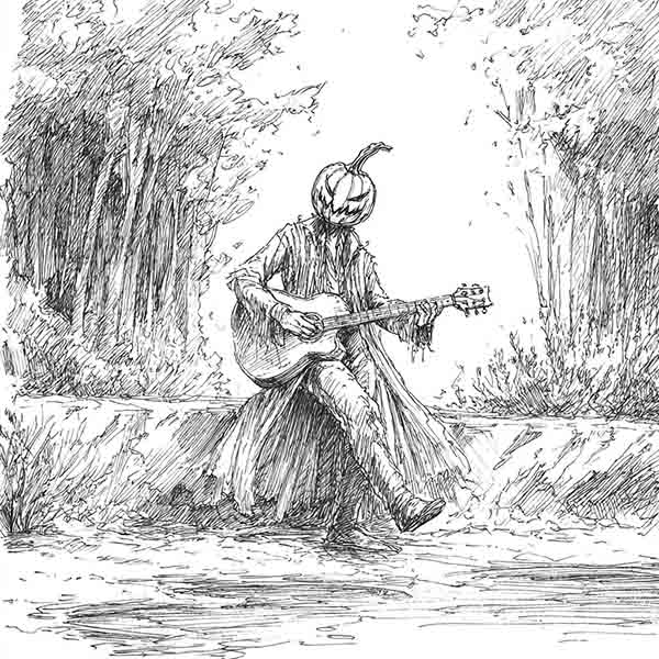 Jack o lantern with guitar drawing 01