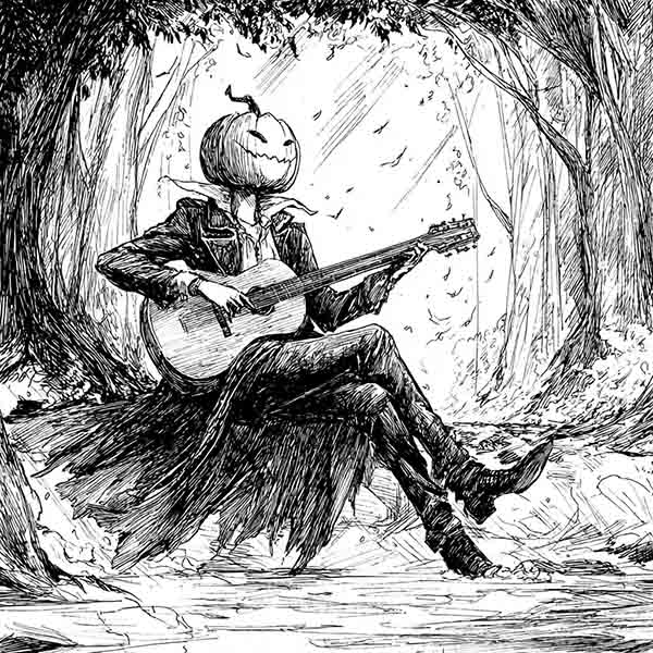 Jack o lantern with guitar drawing 02