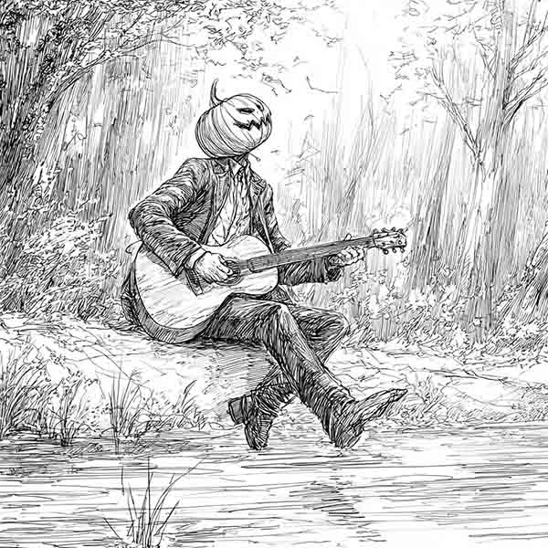 Jack o lantern with guitar drawing 04