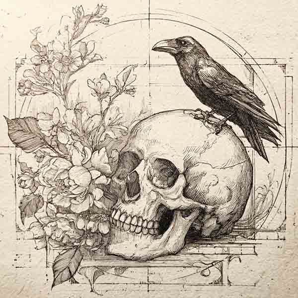 Creepy Floral Skull with Raven Drawing, Spooky Realistic Skeleton and Bird Sketch