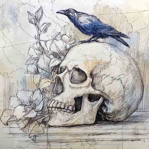 skull with raven drawing 03