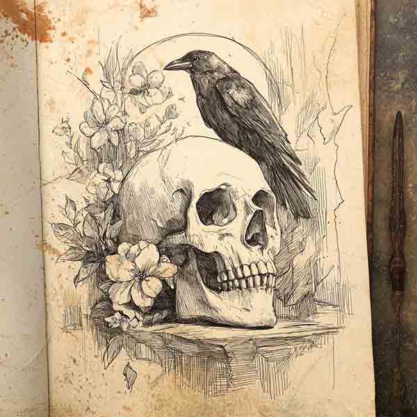 skull with raven drawing 04