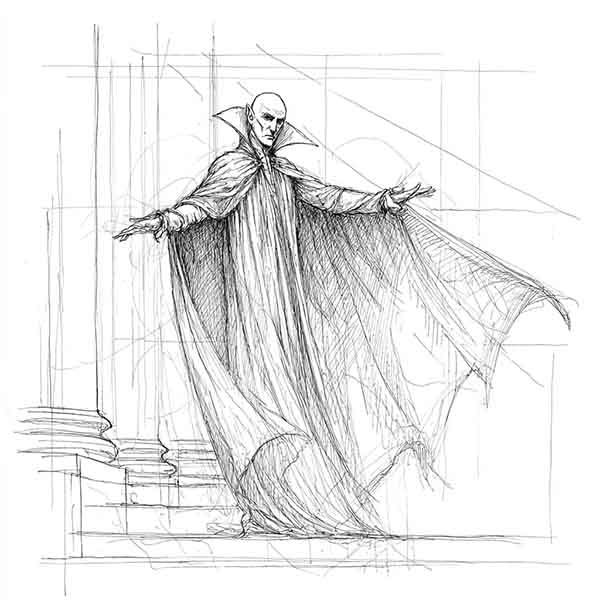 Scary Vampire with Cape Drawing, Spooky Halloween Realistic Sketch