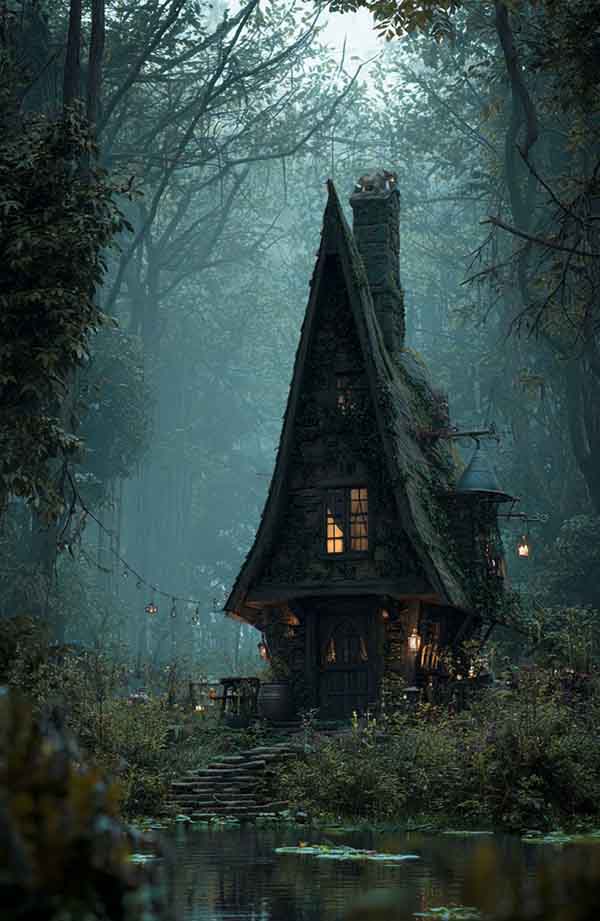 Scary witch house Halloween background 06